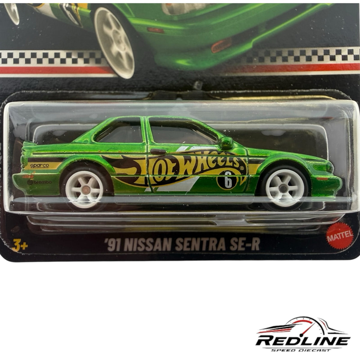 Redline Speed Diecast Hot Wheels 1991 Nissan Sentra SE-R in metallic green with racing graphics and white wheels