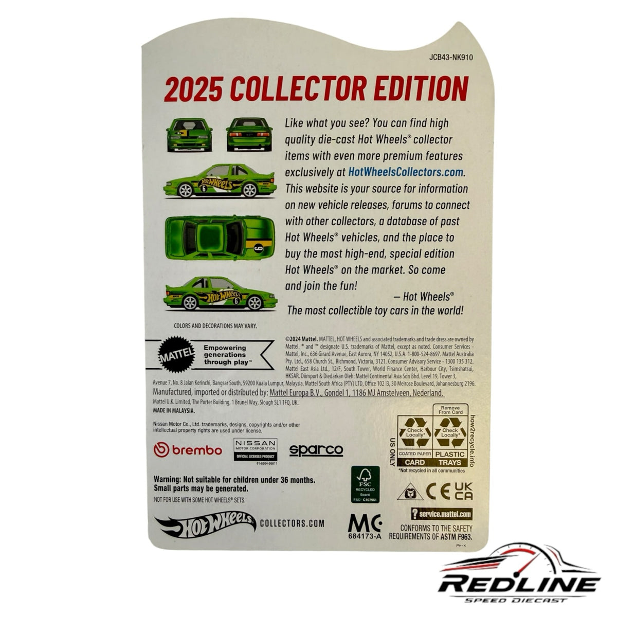 Redline Speed Diecast Hot Wheels 2025 Collector Edition Nissan Sentra SE-R blister card back with product details