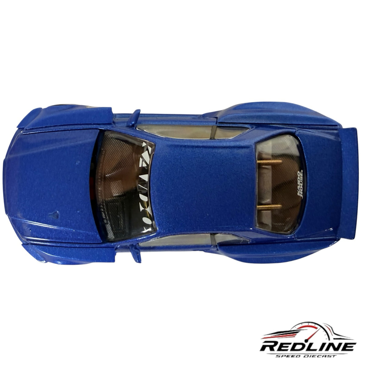 Redline Speed Diecast metallic blue Nissan Skyline GT-R R34 Kaido Works model car top view