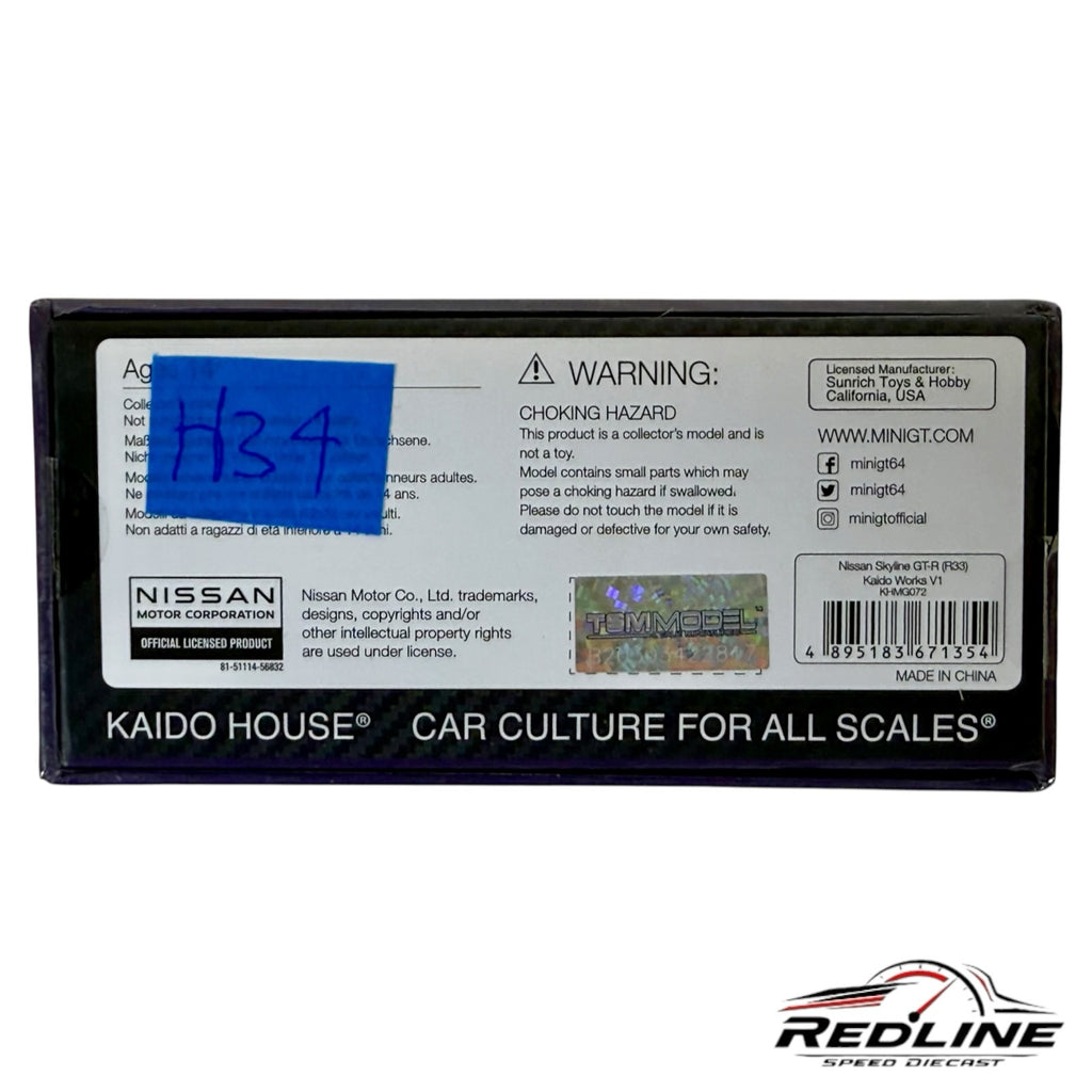 Redline Speed Diecast packaging box for a KAIDO HOUSE Nissan Skyline GT-R R33 model car with official branding.