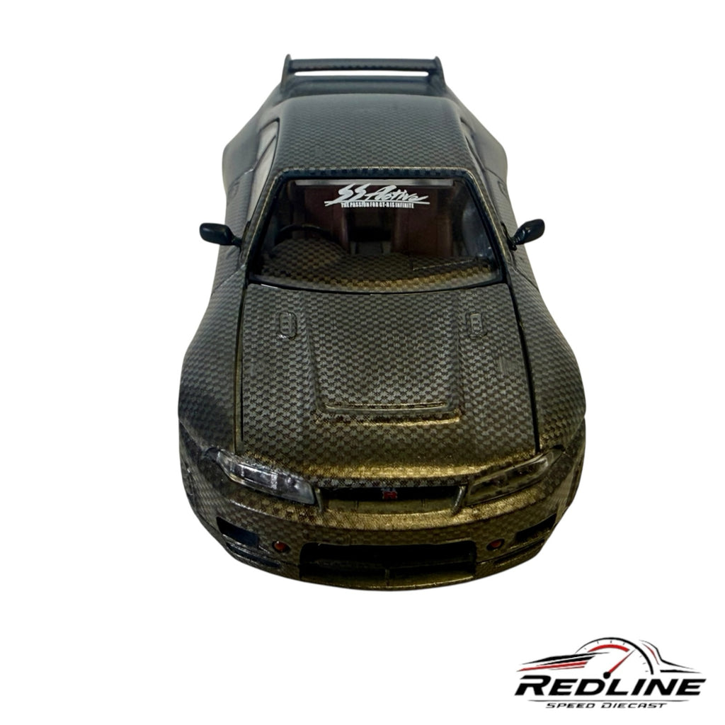 Redline Speed Diecast Nissan Skyline GT-R R33 model with a detailed carbon fiber finish and racing decals