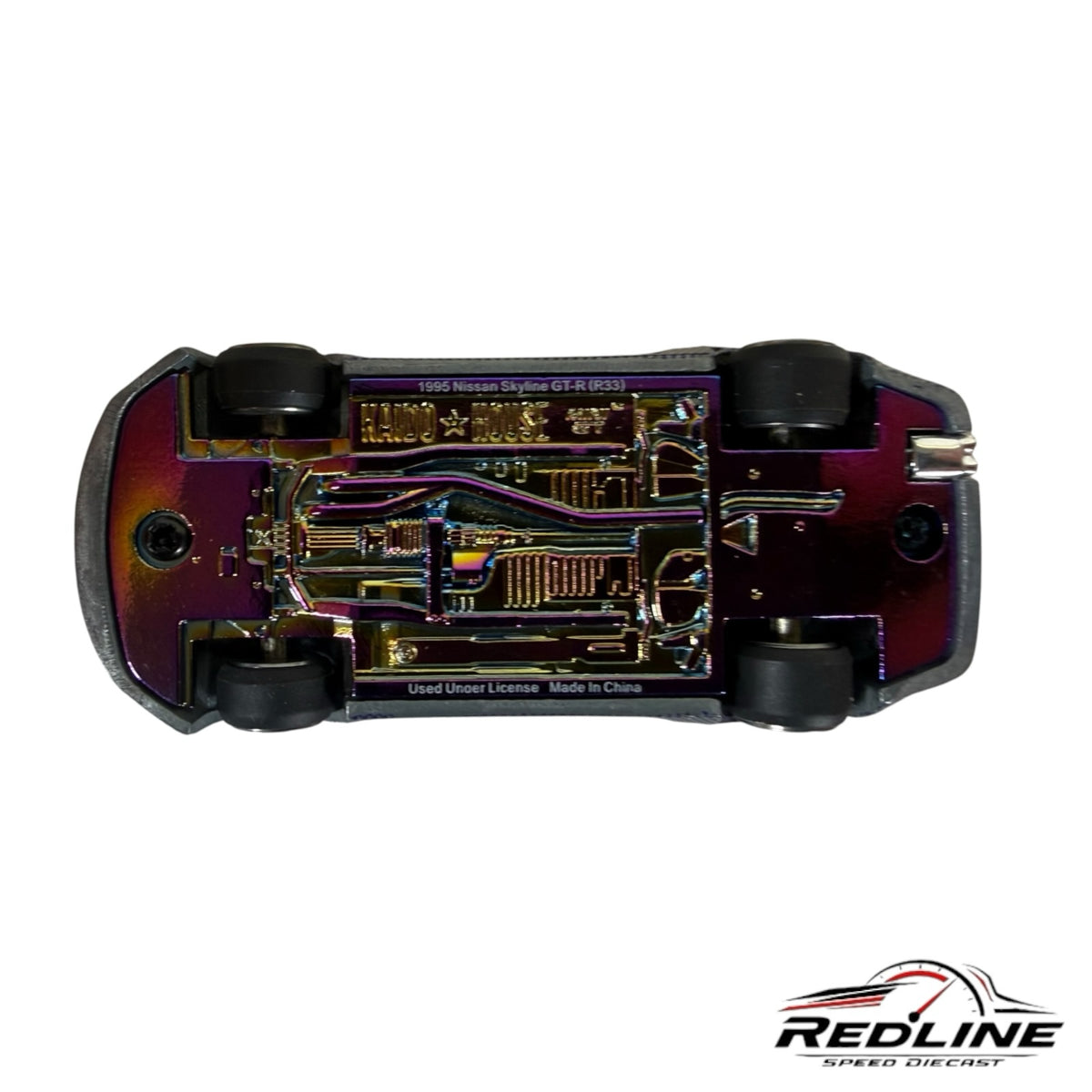 Redline Speed Diecast KAIDO HOUSE Nissan Skyline GT-R R33 model car showing the iridescent chassis and undercarriage