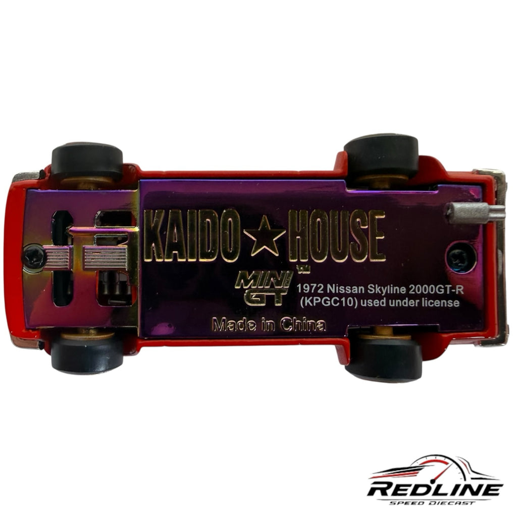 Redline Speed Diecast Nissan Skyline 2000GT-R model showing the iridescent metal chassis and Kaido House branding
