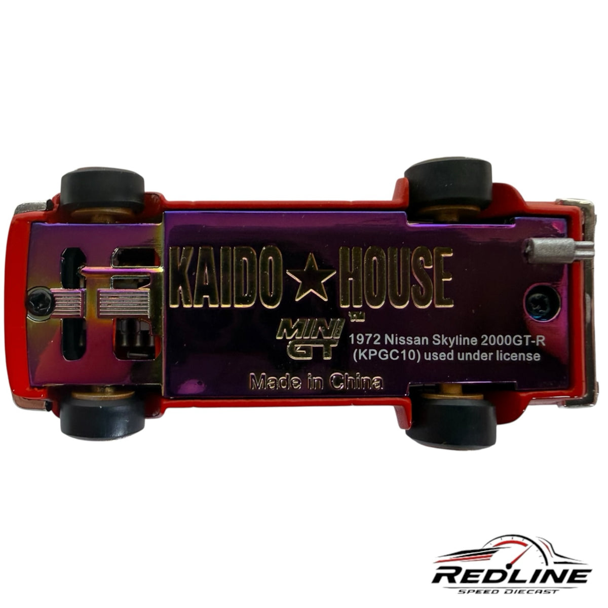 Redline Speed Diecast Nissan Skyline 2000GT-R model showing the iridescent metal chassis and Kaido House branding