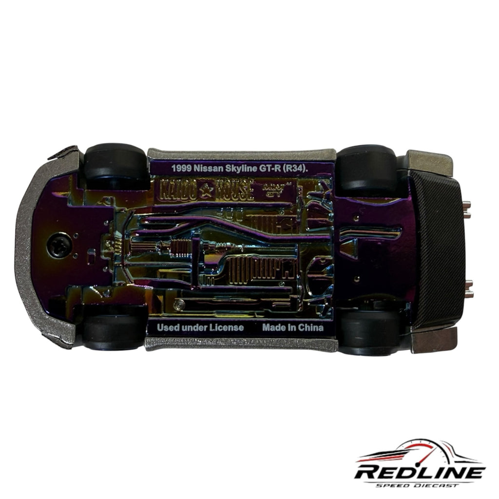 Redline Speed Diecast Nissan Skyline GT-R R34 model showing the iridescent metallic chassis and detailed undercarriage