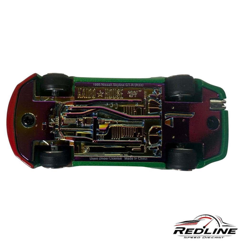 Redline Speed Diecast Kaido House Nissan Skyline GT-R R33 model showing the iridescent metallic chassis underside