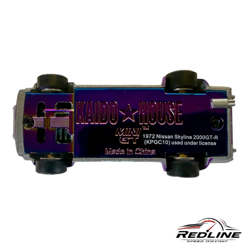 Underside of Redline Speed Diecast Nissan Skyline 2000GT-R model showing purple metallic chassis and Kaido House logo