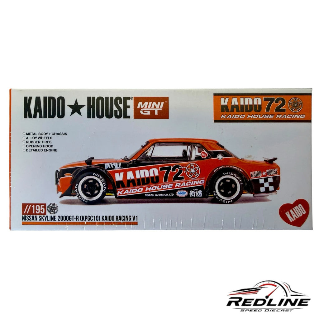 Redline Speed Diecast KAIDO HOUSE Nissan Skyline 2000GT-R diecast model car box featuring orange and black racing livery