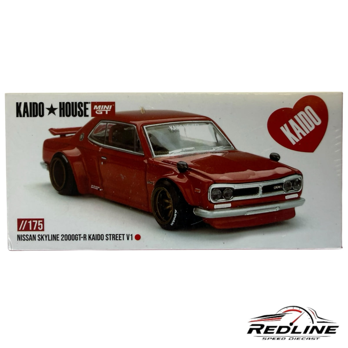 Redline Speed Diecast Kaido House Nissan Skyline 2000GT-R V1 model in red with wide-body kit and deep-dish wheels