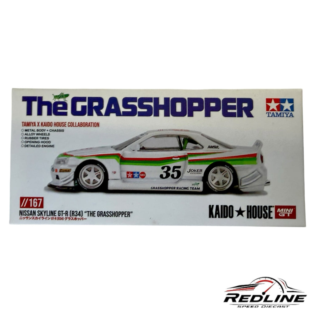 Redline Speed Diecast Nissan Skyline GT-R R34 The Grasshopper model car box featuring white livery and racing graphics.