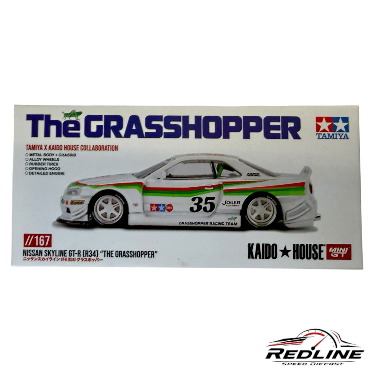 Redline Speed Diecast Nissan Skyline GT-R R34 The Grasshopper model car box featuring white livery and racing graphics.