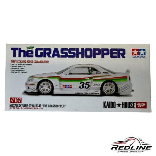 Redline Speed Diecast Nissan Skyline GT-R R34 The Grasshopper model car box featuring white livery and racing graphics.