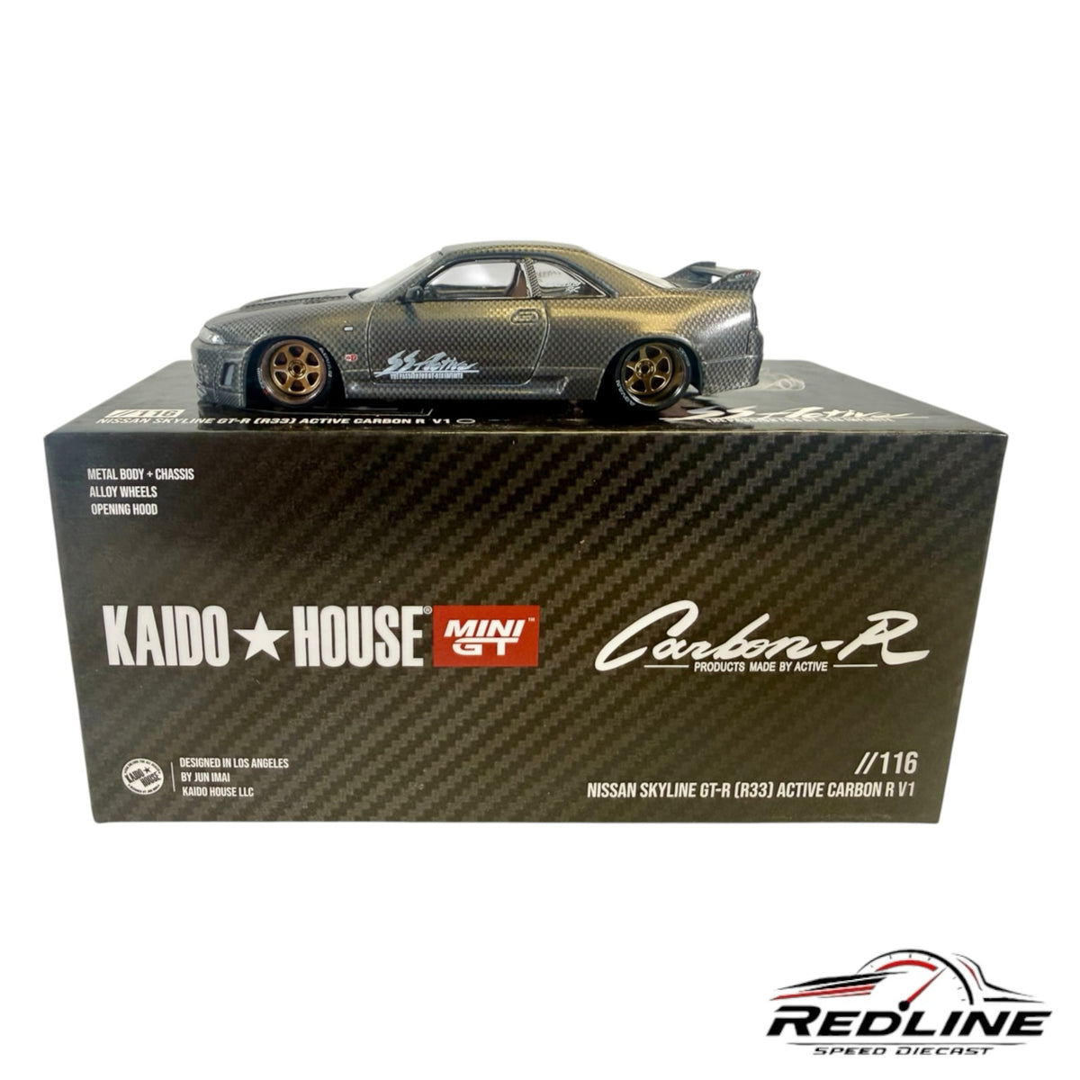 Redline Speed Diecast Kaido House Nissan Skyline GT-R R33 model with carbon fiber finish and bronze alloy wheels