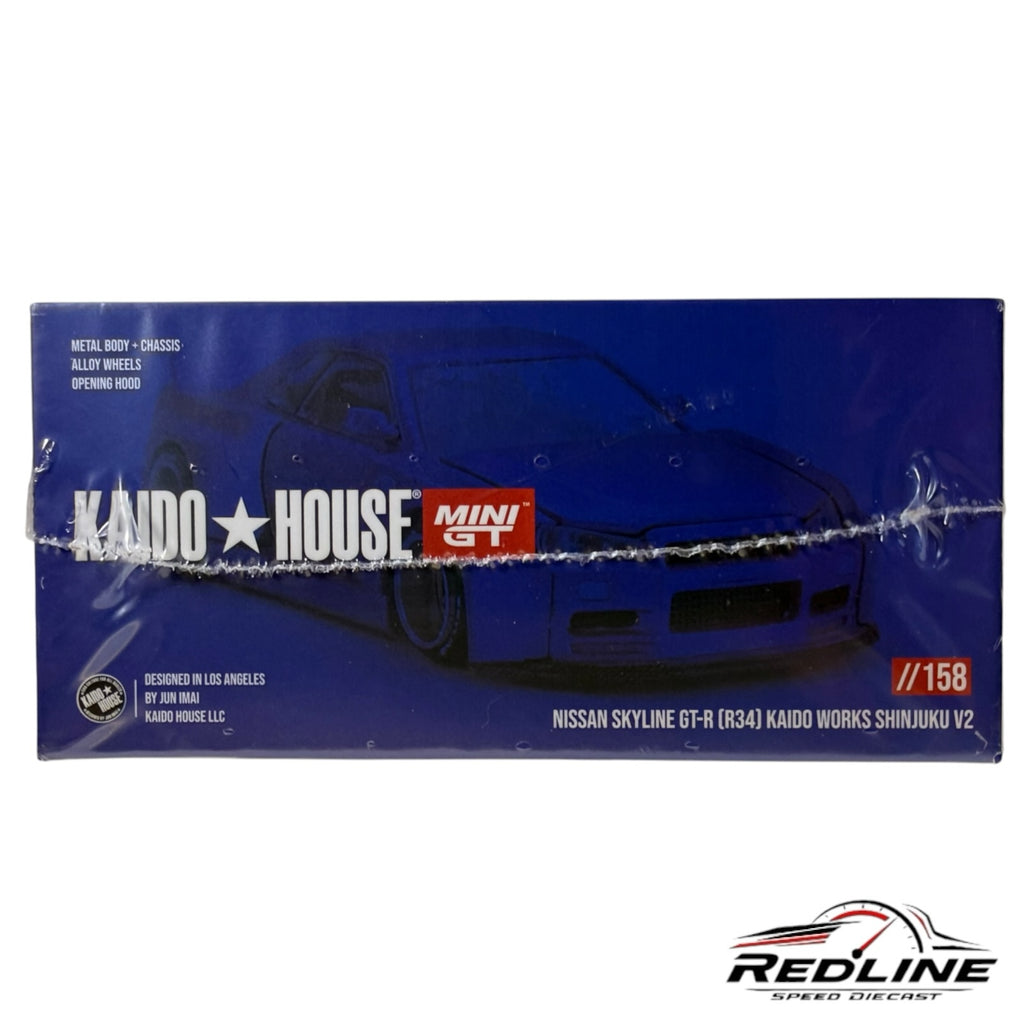 Redline Speed Diecast KAIDO HOUSE Nissan Skyline GT-R R34 Shinjuku V2 model car box in metallic blue packaging