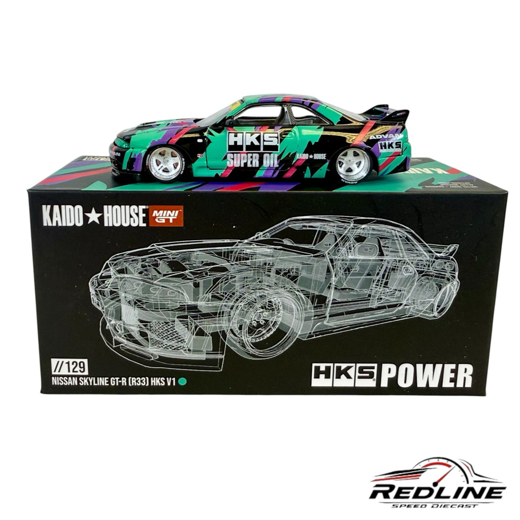 Redline Speed Diecast KAIDO HOUSE Nissan Skyline GT-R R33 HKS V1 model car with vibrant livery on its display box