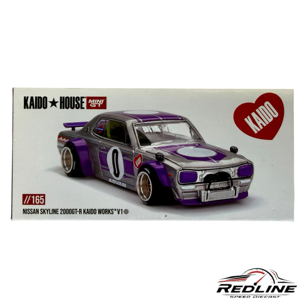 Redline Speed Diecast packaging for the silver and purple Nissan Skyline 2000GT-R Kaido Works V1 model car