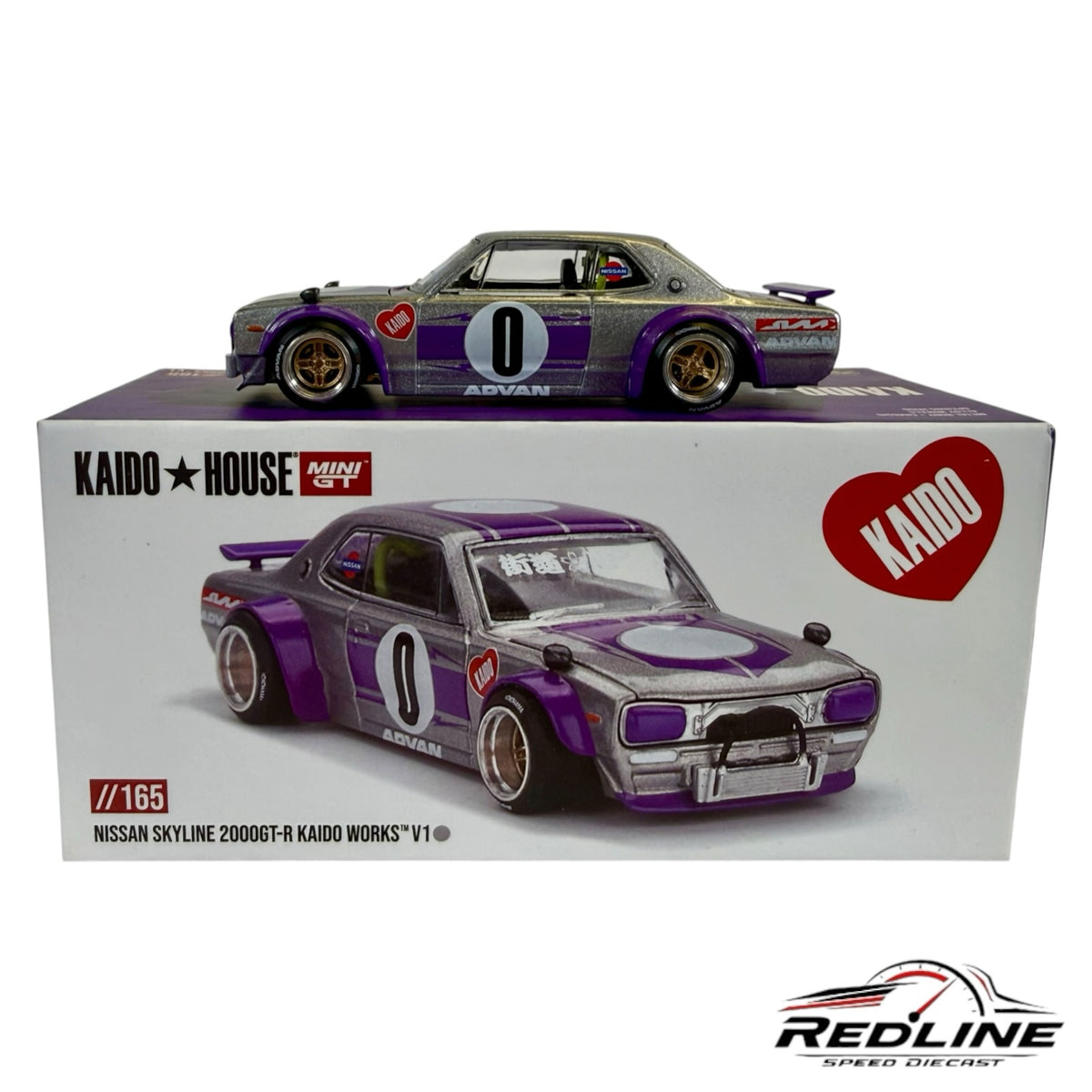 Redline Speed Diecast Nissan Skyline 2000GT-R Kaido Works V1 model car in silver and purple with wide-body kit