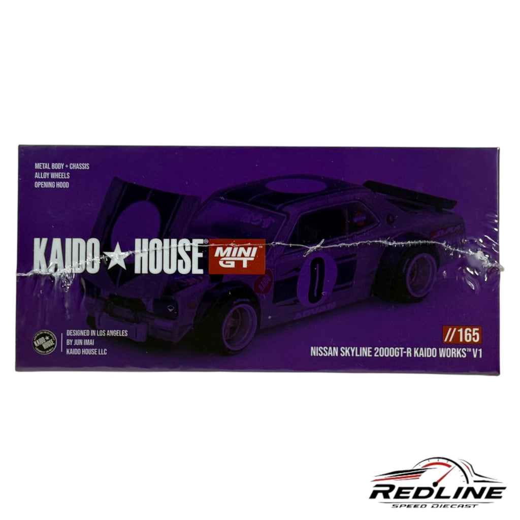 Redline Speed Diecast Nissan Skyline Kaido Works V1 model car in purple packaging with opening hood feature