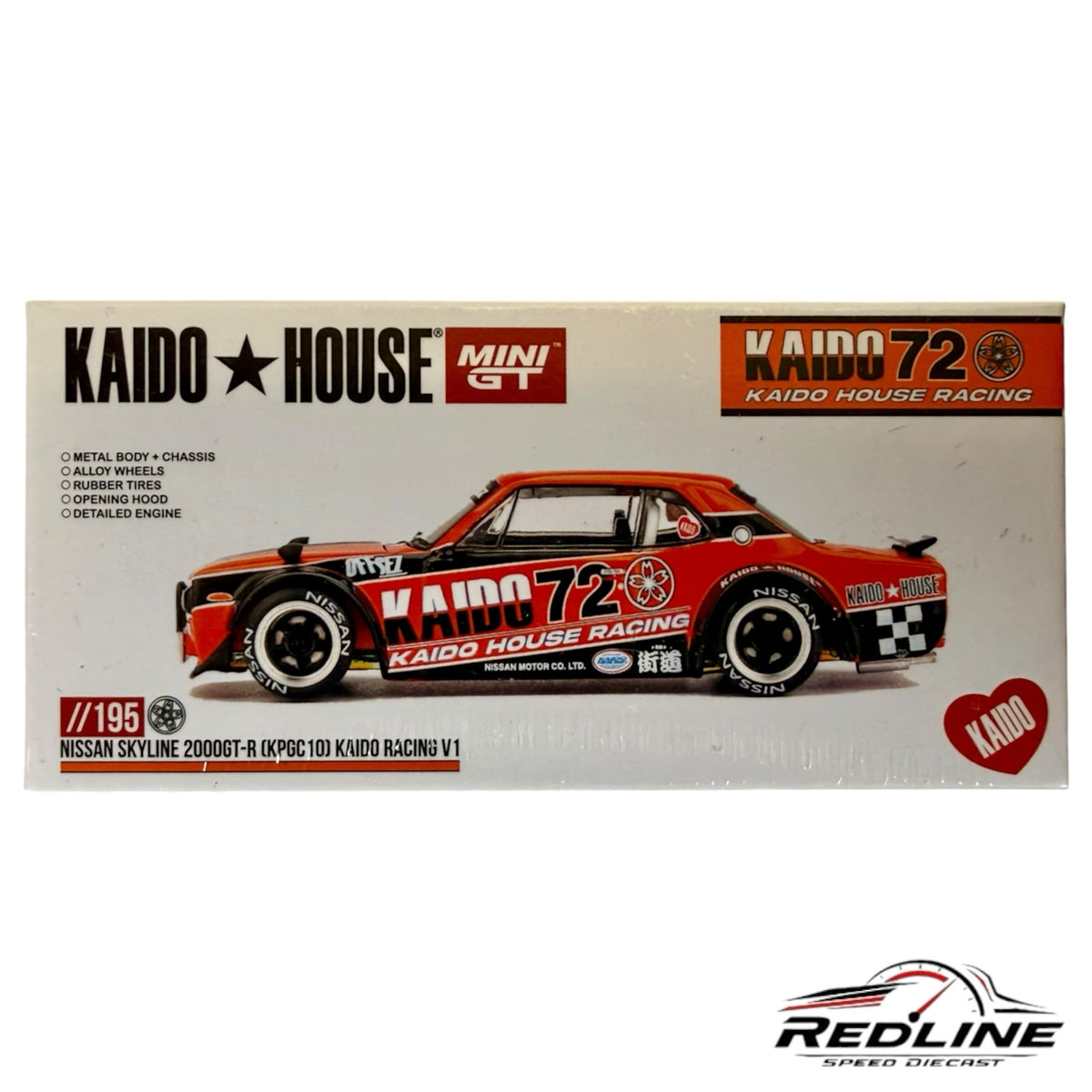 Redline Speed Diecast packaging for a Kaido House Nissan Skyline 2000GT-R diecast model car with racing livery.