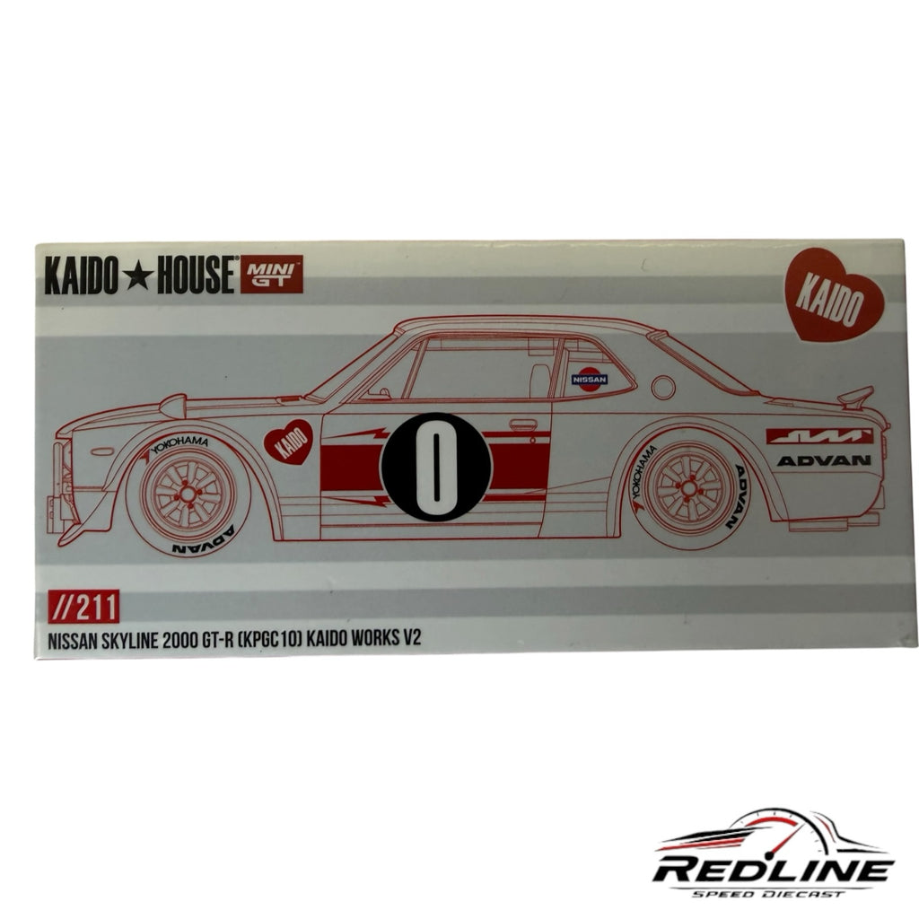 Redline Speed Diecast packaging for a Kaido House Nissan Skyline 2000 GT-R KPGC10 V2 model car in red and white.