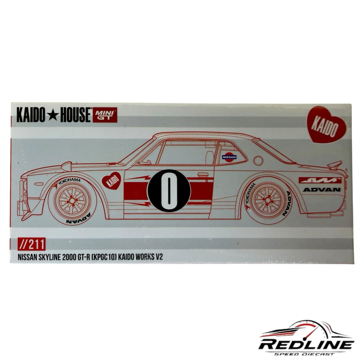 Redline Speed Diecast packaging for the Kaido House Nissan Skyline 2000 GT-R model with red and white racing graphics