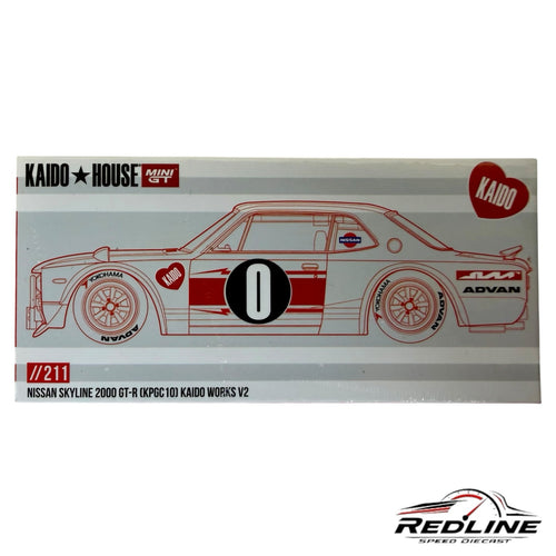 Redline Speed Diecast packaging for the Kaido House Nissan Skyline 2000 GT-R model with red and white racing graphics