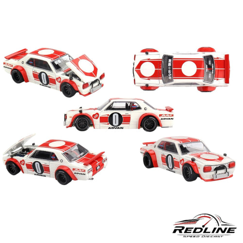 Redline Speed Diecast Nissan Skyline 2000 GT-R model car in white and red with Advan racing livery and opening hood