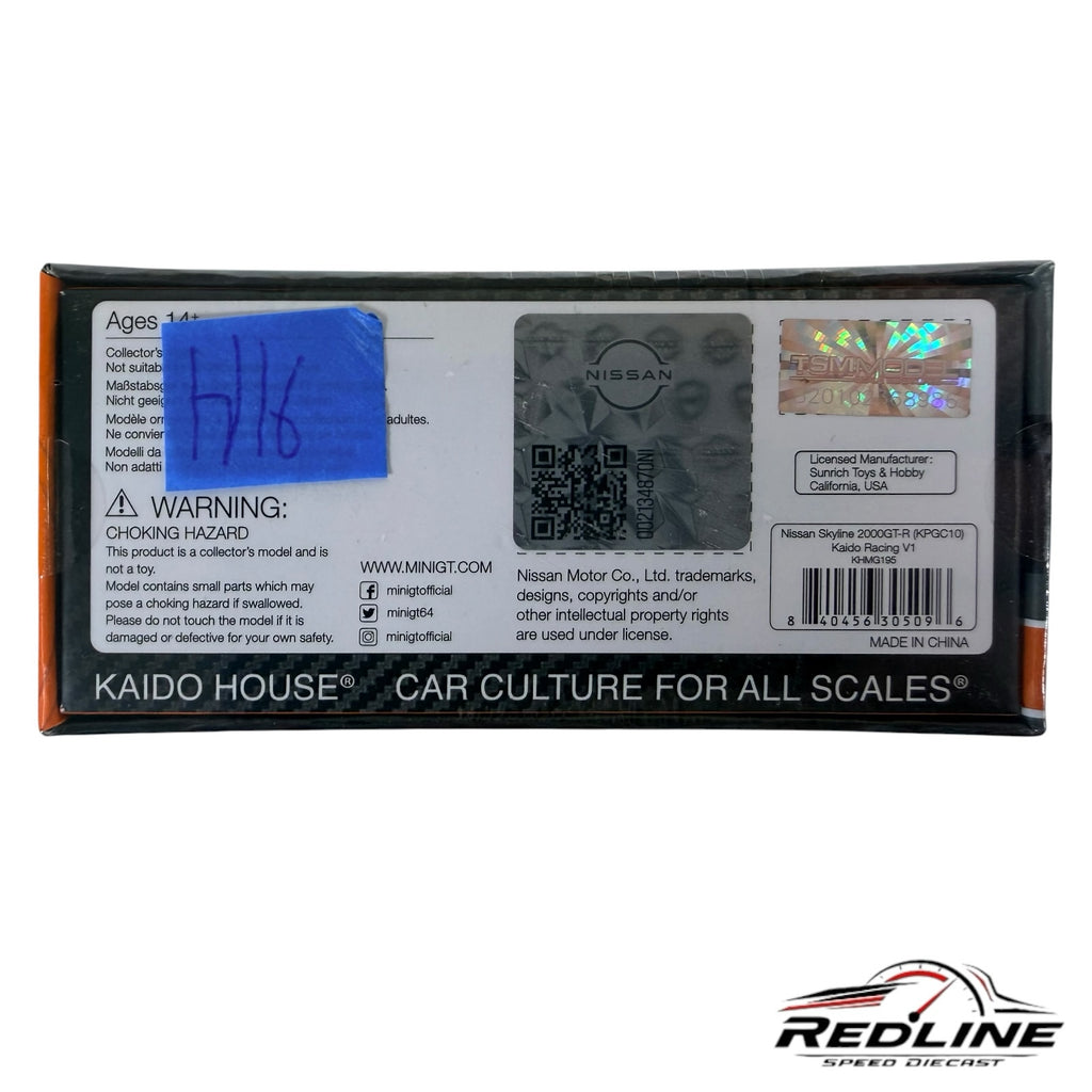 Redline Speed Diecast packaging back view for Kaido House Nissan Skyline 2000GT-R model with product information