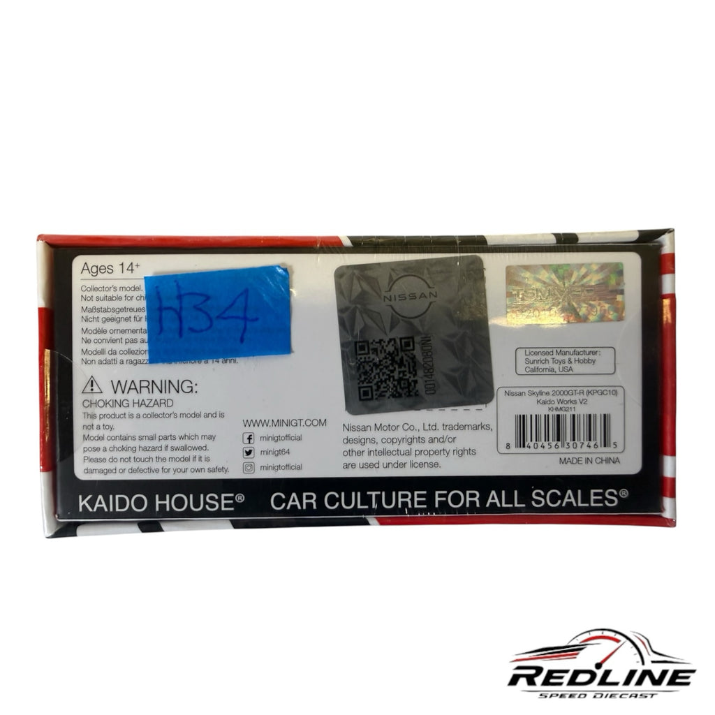 Redline Speed Diecast packaging back for Kaido House Nissan Skyline 2000 GT-R model with holographic authenticity seal