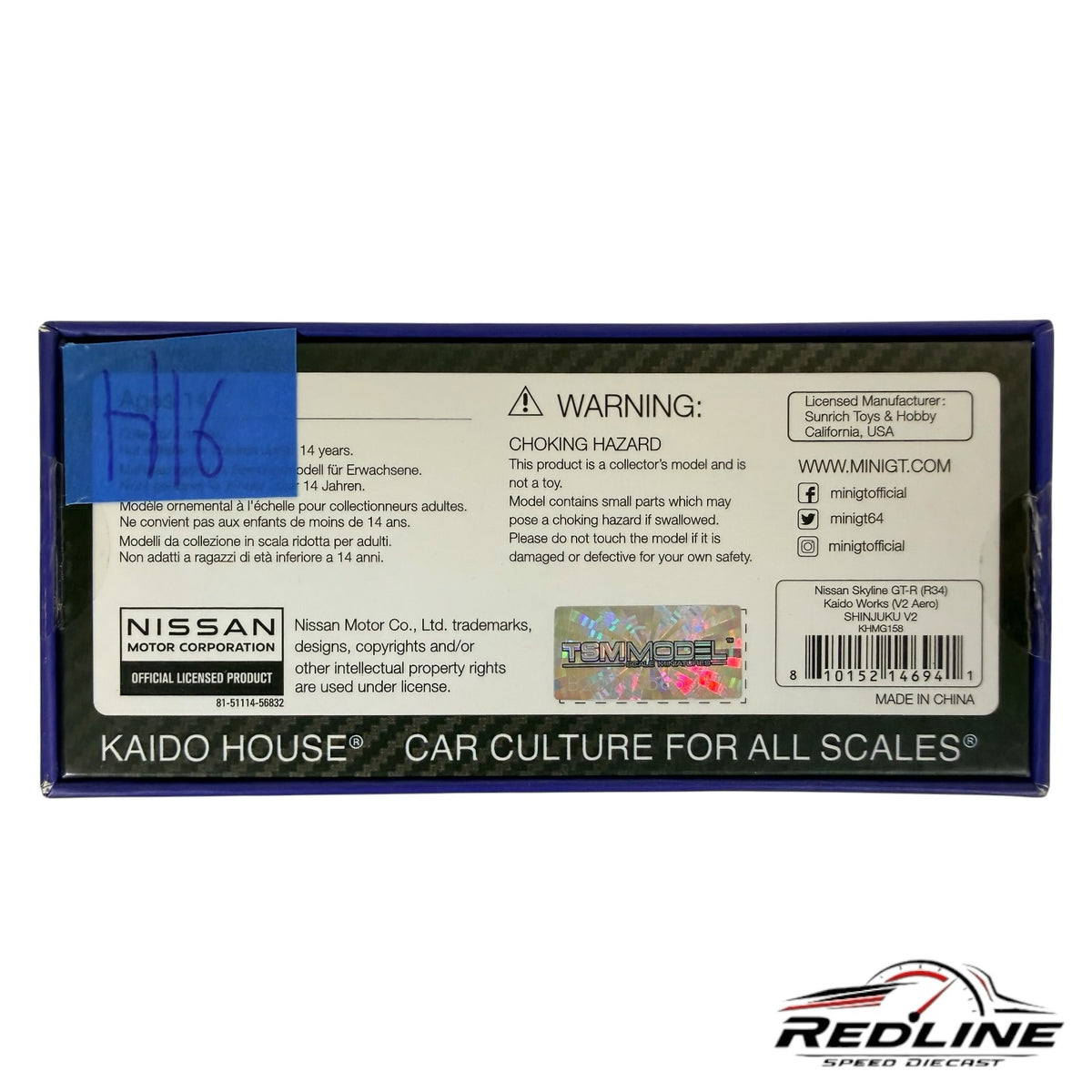 Redline Speed Diecast packaging back view for the Kaido House Nissan Skyline GT-R R34 model with official branding.
