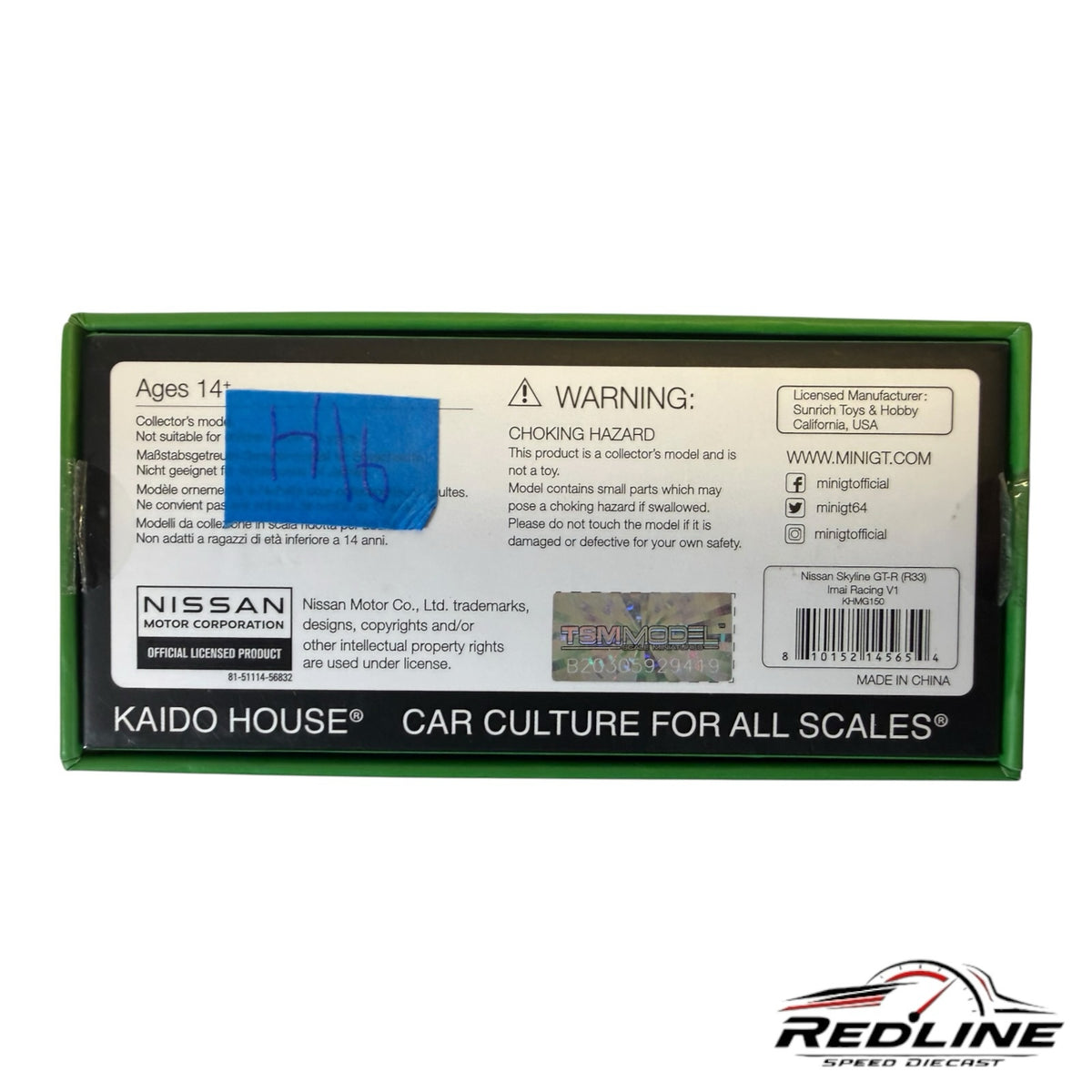 Redline Speed Diecast KAIDO HOUSE Nissan Skyline R33 packaging back with product details and safety warnings