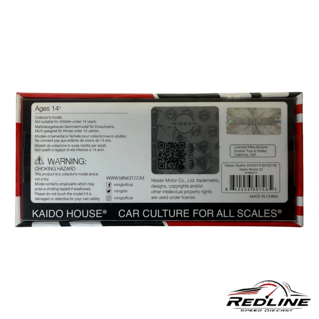 Redline Speed Diecast KAIDO HOUSE Nissan Skyline 2000 GT-R model car packaging back view with product information