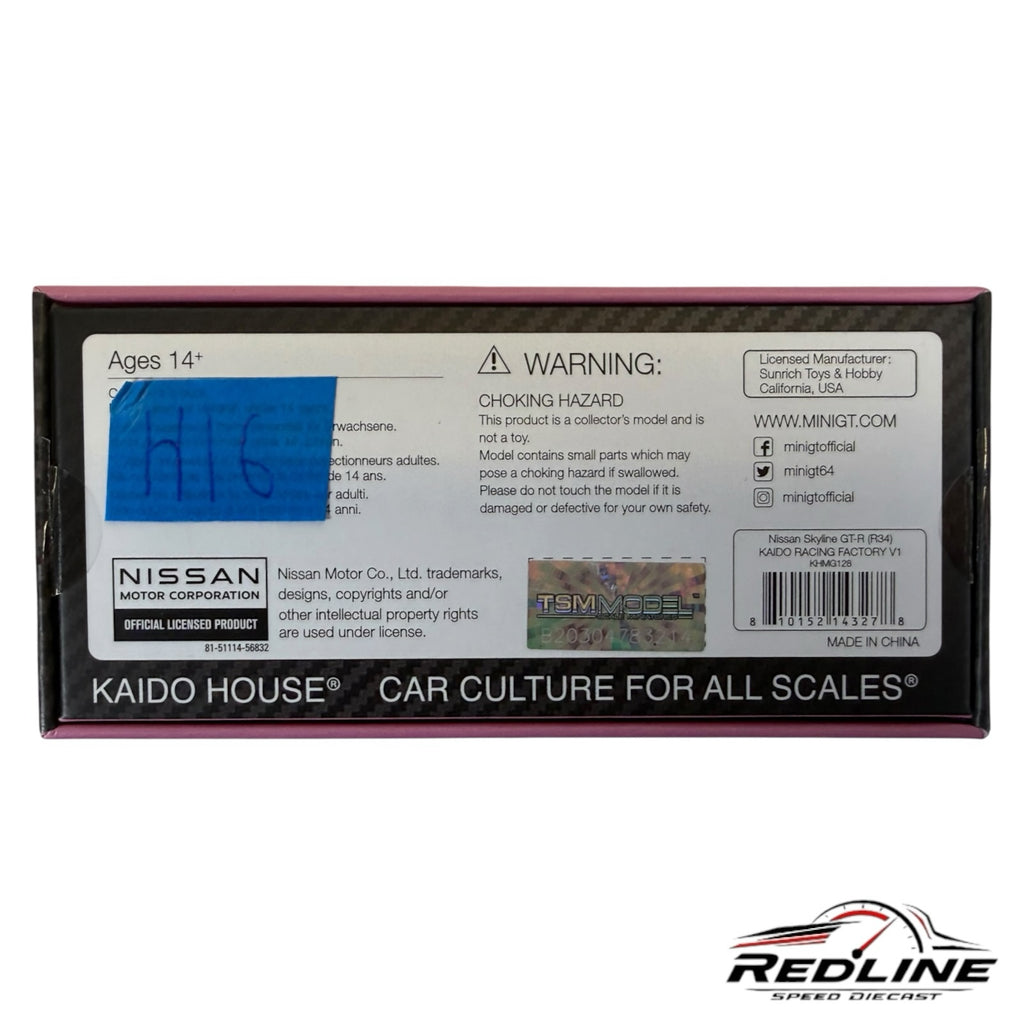 Redline Speed Diecast packaging back view for Kaido House Nissan Skyline GT-R R34 model with safety warnings