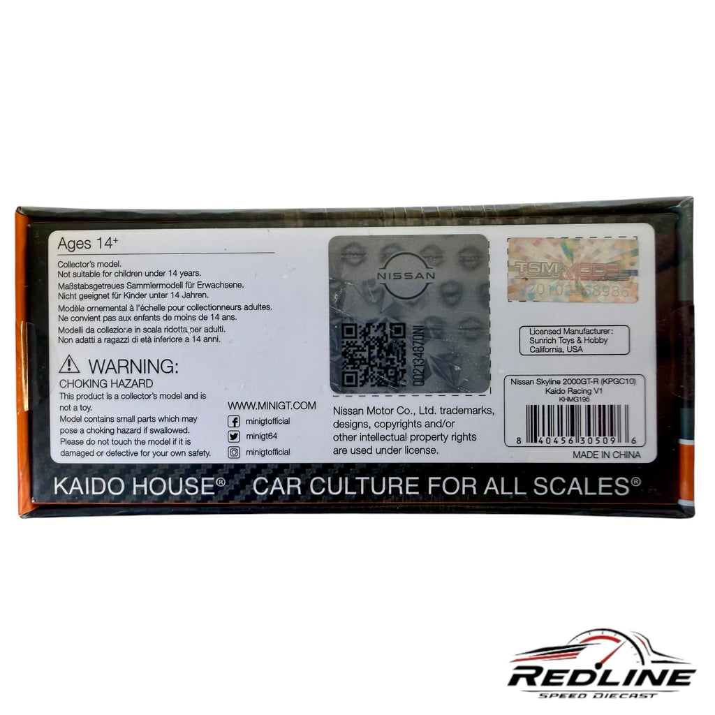 Redline Speed Diecast packaging for Kaido House Nissan Skyline 2000GT-R model car showing safety and licensing info