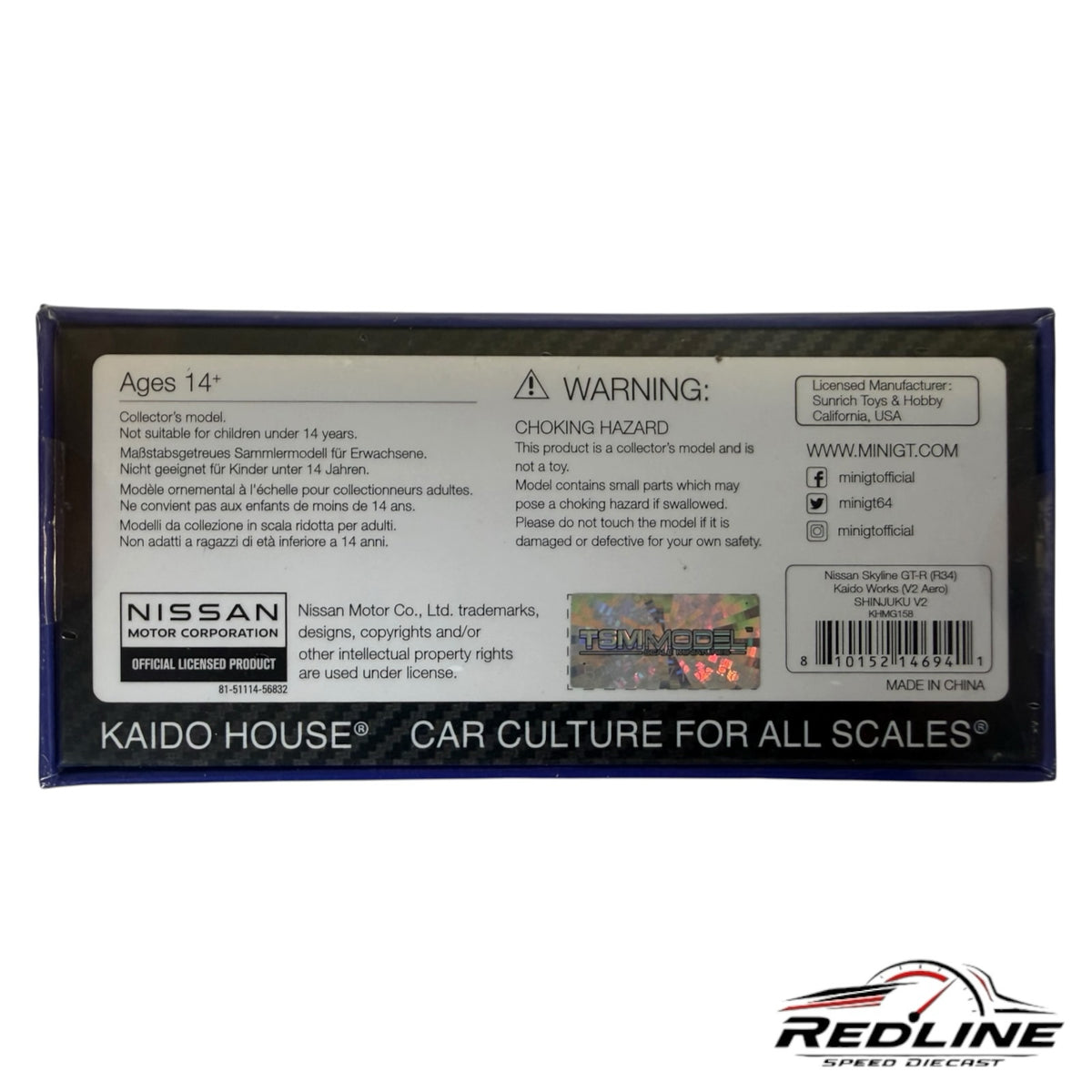 Redline Speed Diecast packaging box for KAIDO HOUSE Nissan Skyline GT-R R34 Shinjuku V2 model car