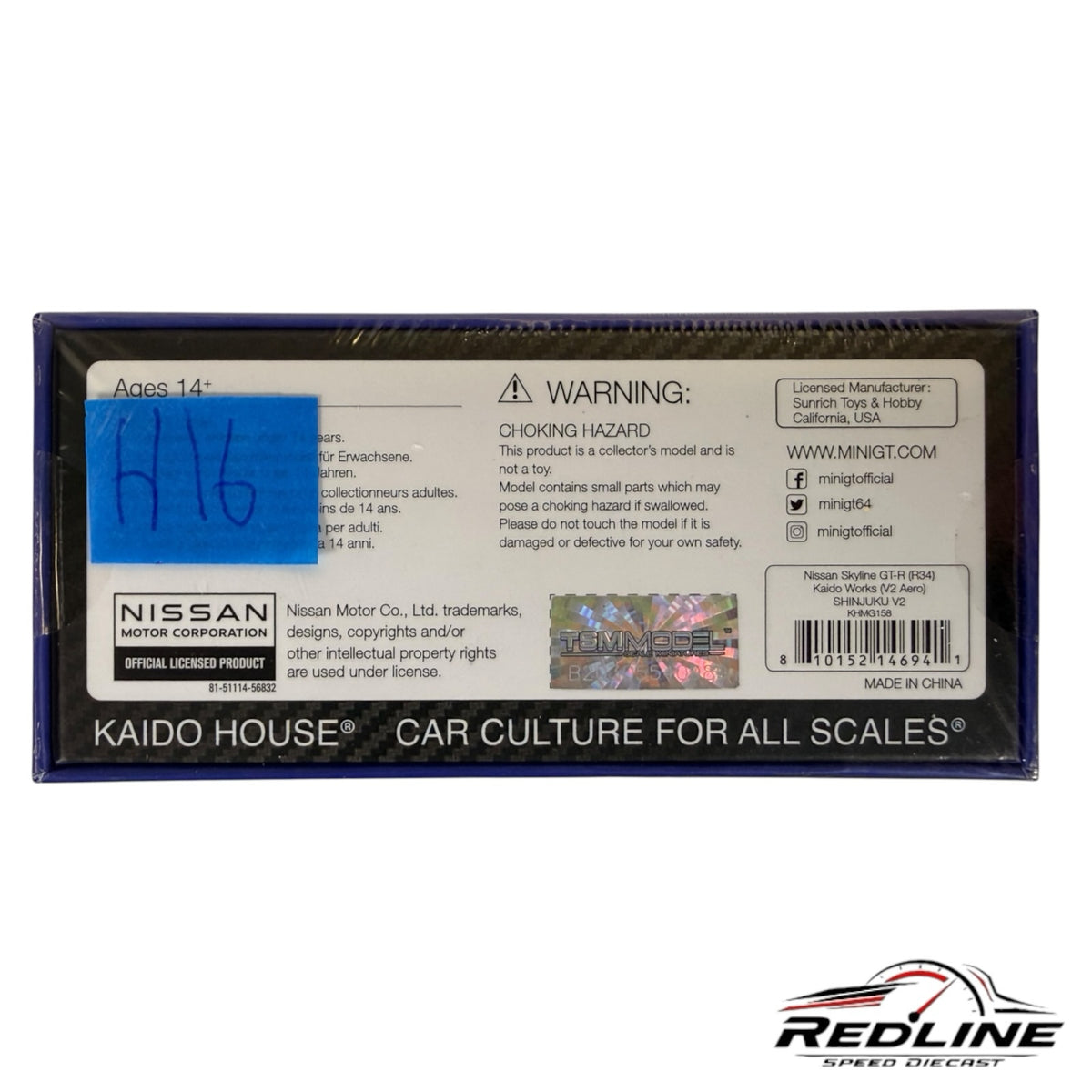 Redline Speed Diecast packaging back for Kaido House Nissan Skyline GT-R R34 Shinjuku V2 model with warning labels.