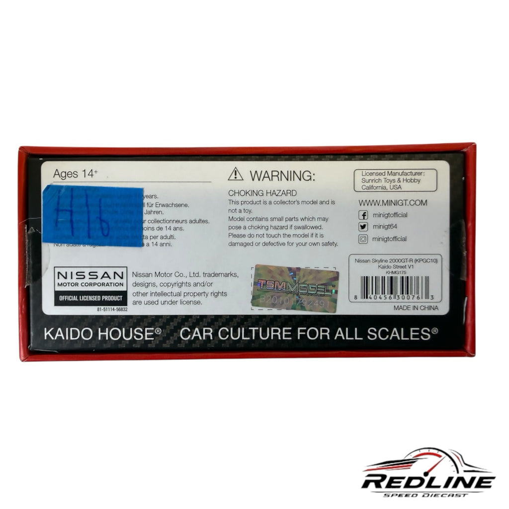 Redline Speed Diecast packaging box for Kaido House Nissan Skyline 2000GT-R model with official branding and warnings