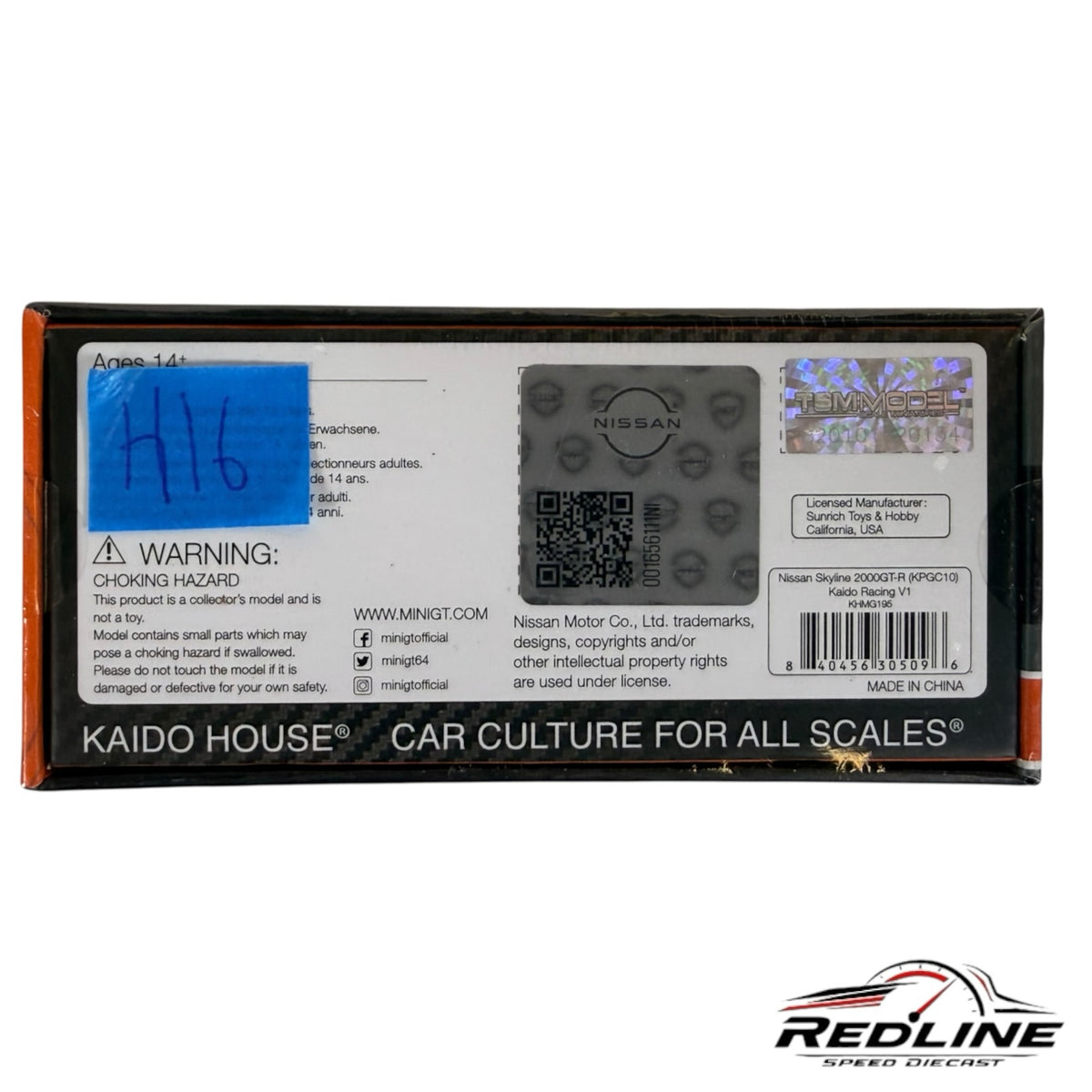 Redline Speed Diecast packaging box for Kaido House Nissan Skyline 2000GT-R model with warning labels and branding