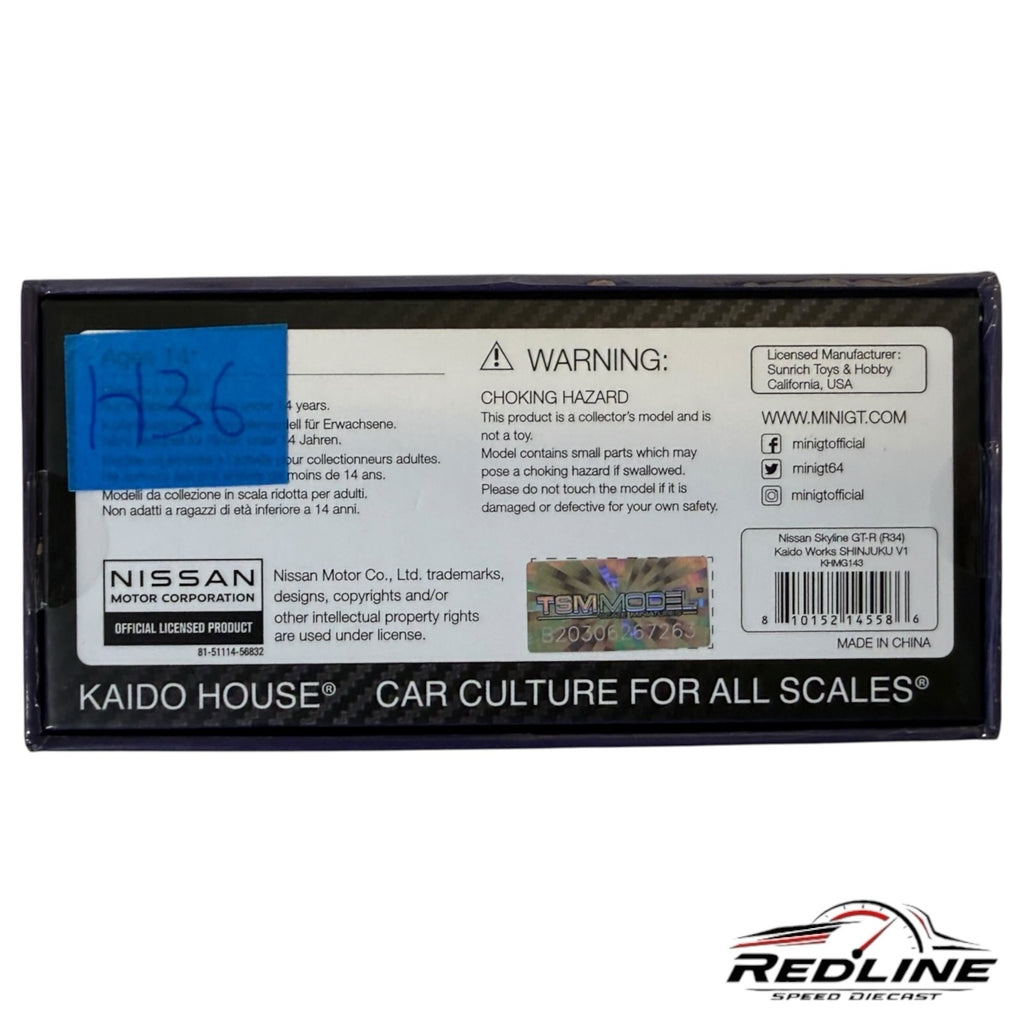 Redline Speed Diecast packaging for Kaido House Nissan Skyline GT-R R34 collector model with warning labels
