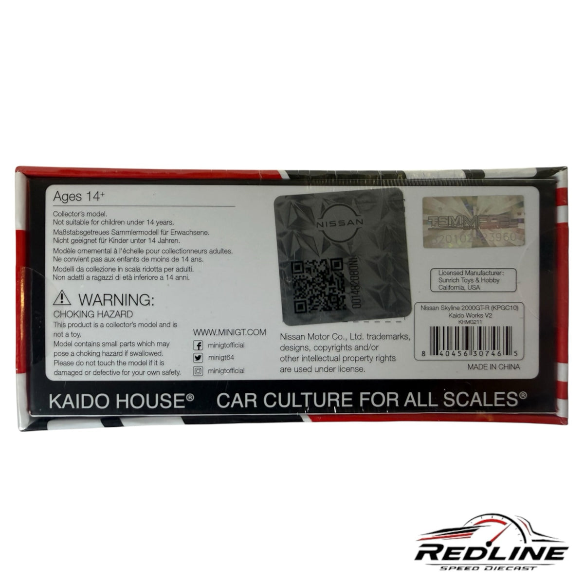 Redline Speed Diecast packaging box for KAIDO HOUSE Nissan Skyline 2000 GT-R model with official licensing details