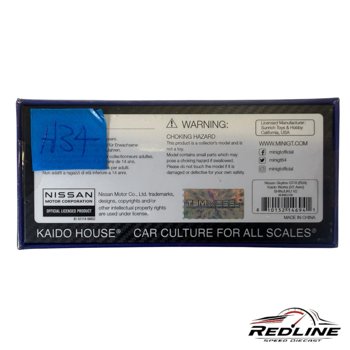 Redline Speed Diecast packaging back for Nissan Skyline GT-R R34 Kaido Works Shinjuku V2 model car