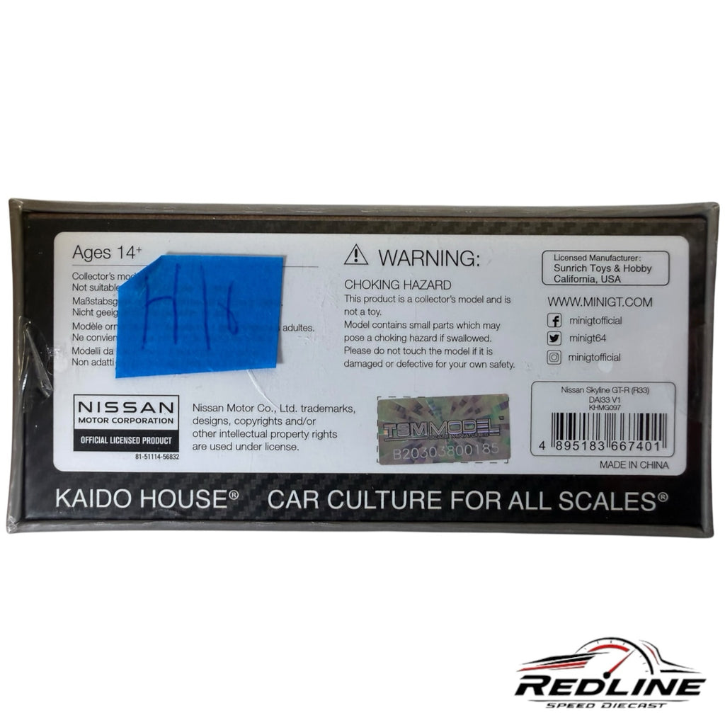 Redline Speed Diecast packaging for the Kaido House Mini GT Nissan Skyline GT-R R33 model with warning labels