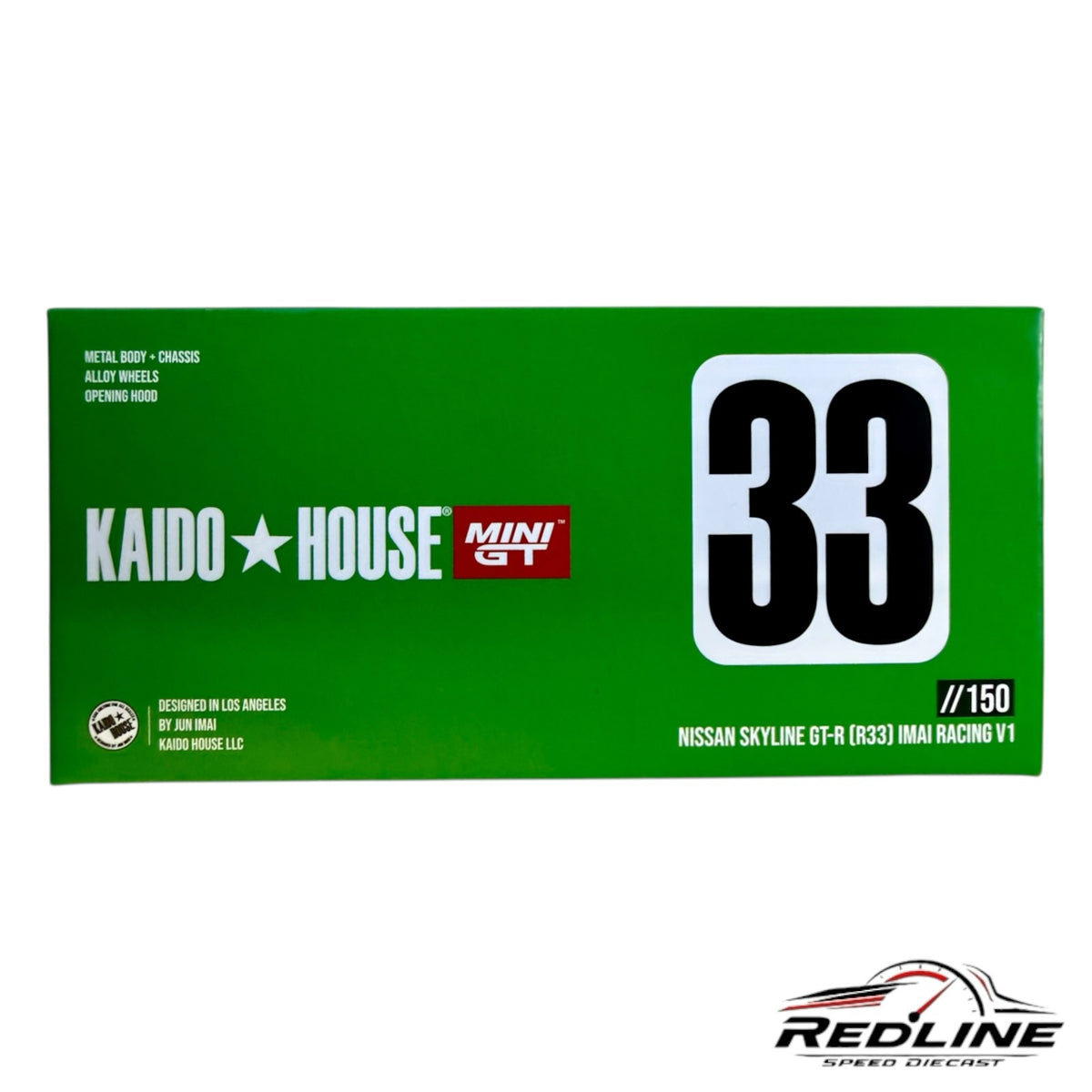 Redline Speed Diecast packaging for Kaido House Nissan Skyline GT-R R33 Imai Racing V1 model in green box