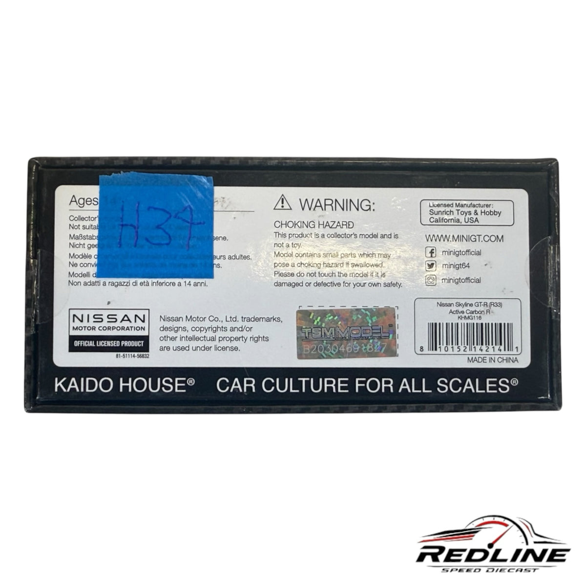 Redline Speed Diecast packaging box for Kaido House Nissan Skyline GT-R R33 model with official licensing information