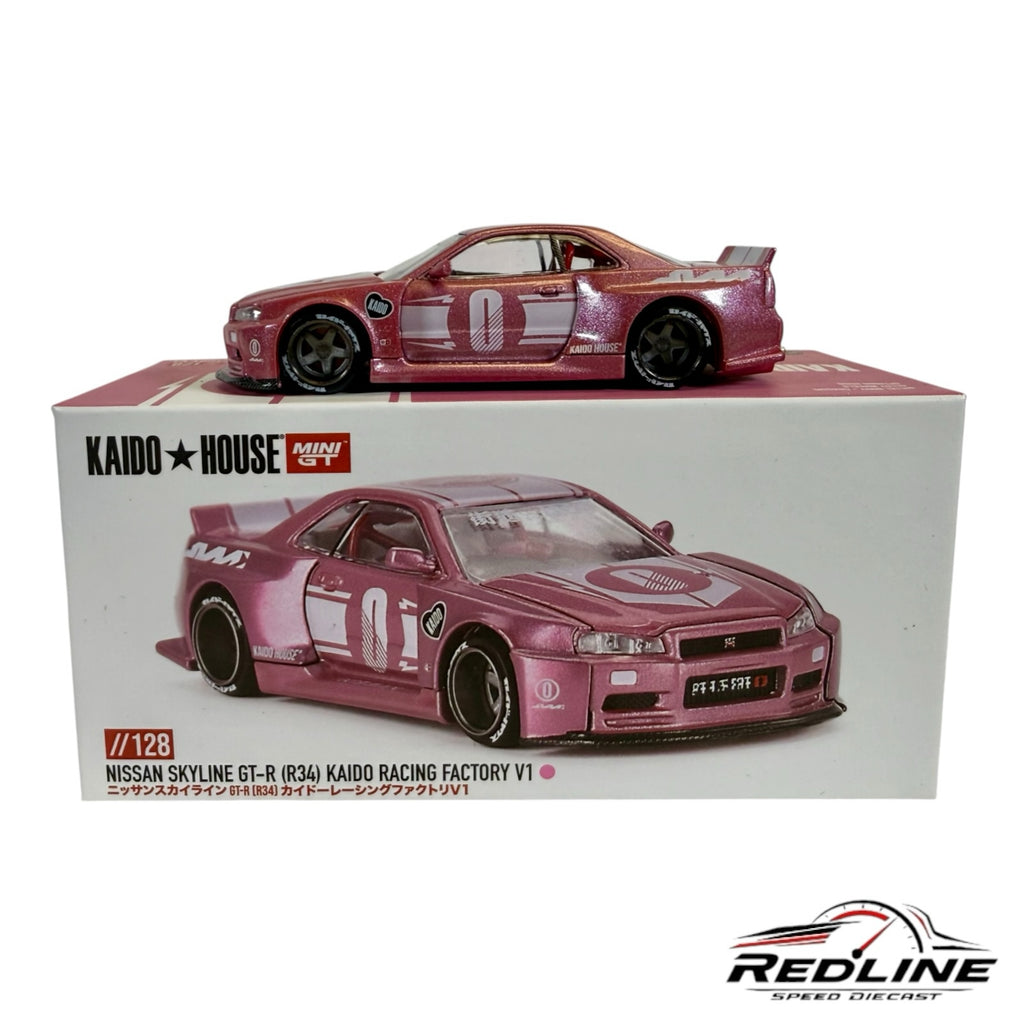 Redline Speed Diecast Kaido House Nissan Skyline GT-R R34 model in metallic pink with racing decals and wide-body kit.