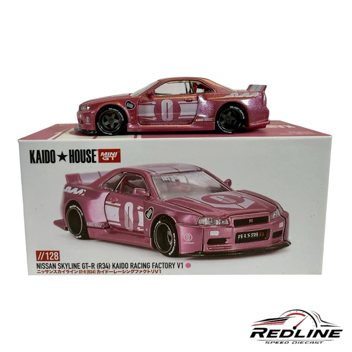 Redline Speed Diecast Kaido House Nissan Skyline GT-R R34 model in metallic pink with racing decals and wide-body kit.