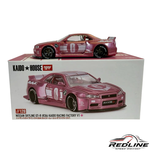 Redline Speed Diecast Kaido House Nissan Skyline GT-R R34 model in metallic pink with racing decals and wide-body kit.