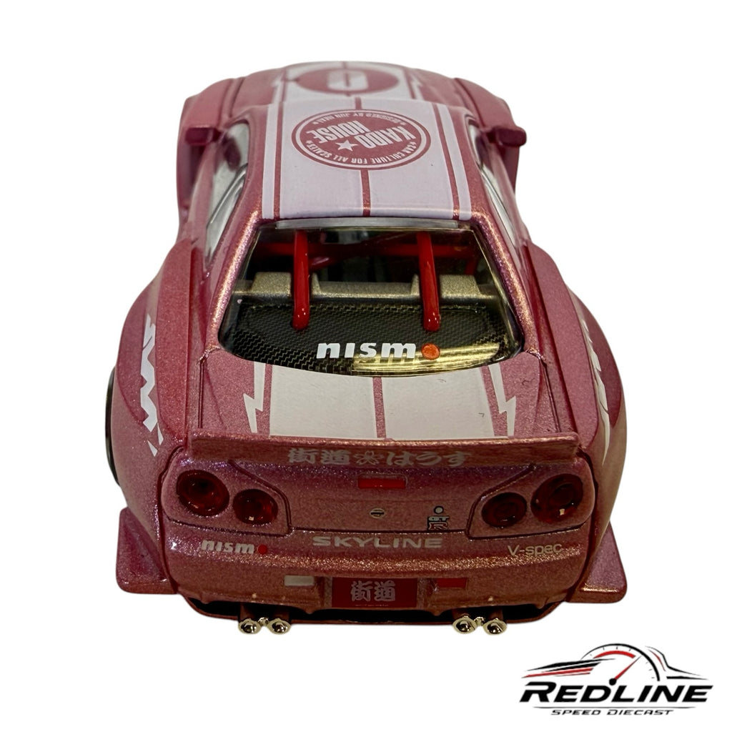 Redline Speed Diecast metallic pink Nissan Skyline GT-R R34 wide-body racing model with custom decals and roll cage