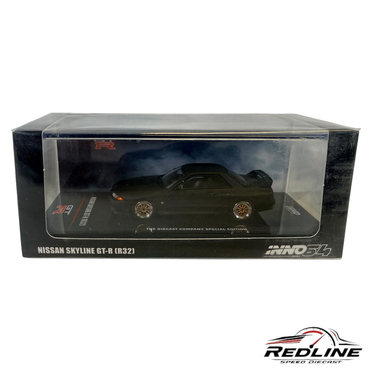 Redline Speed Diecast Inno64 1:64 scale matte black Nissan Skyline GT-R R32 model car in display box