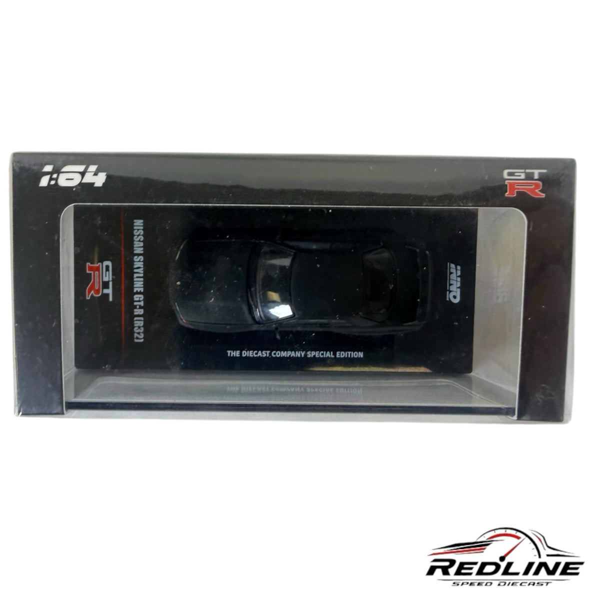 Redline Speed Diecast Inno64 1:64 scale matte black Nissan Skyline GT-R R32 diecast model in display packaging